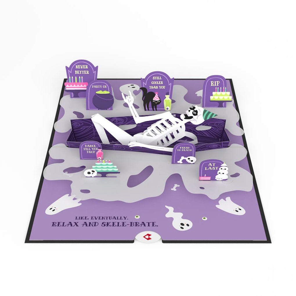 Open view of Relax and Skele-brate Skeleton Birthday Pop-Up Card.