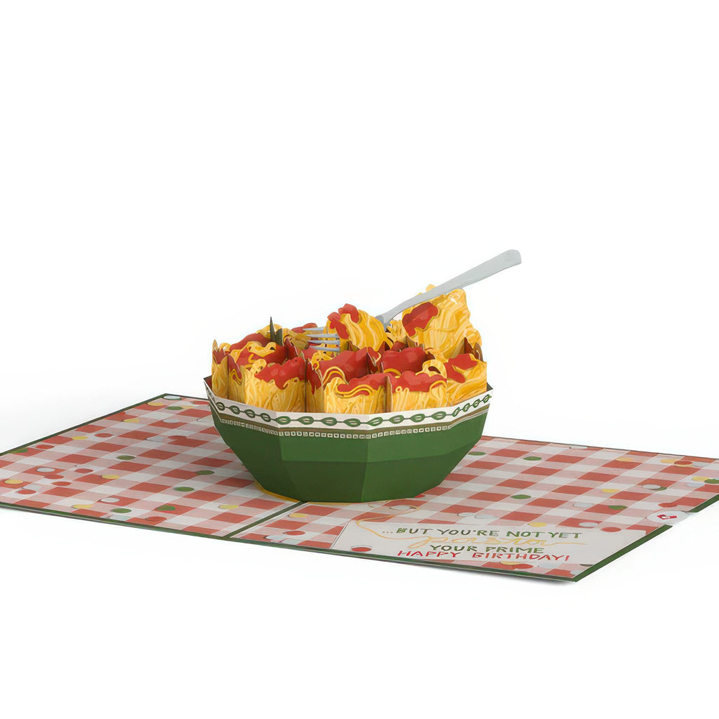 Open view of Spaghetting Older Birthday Pop-Up Card.
