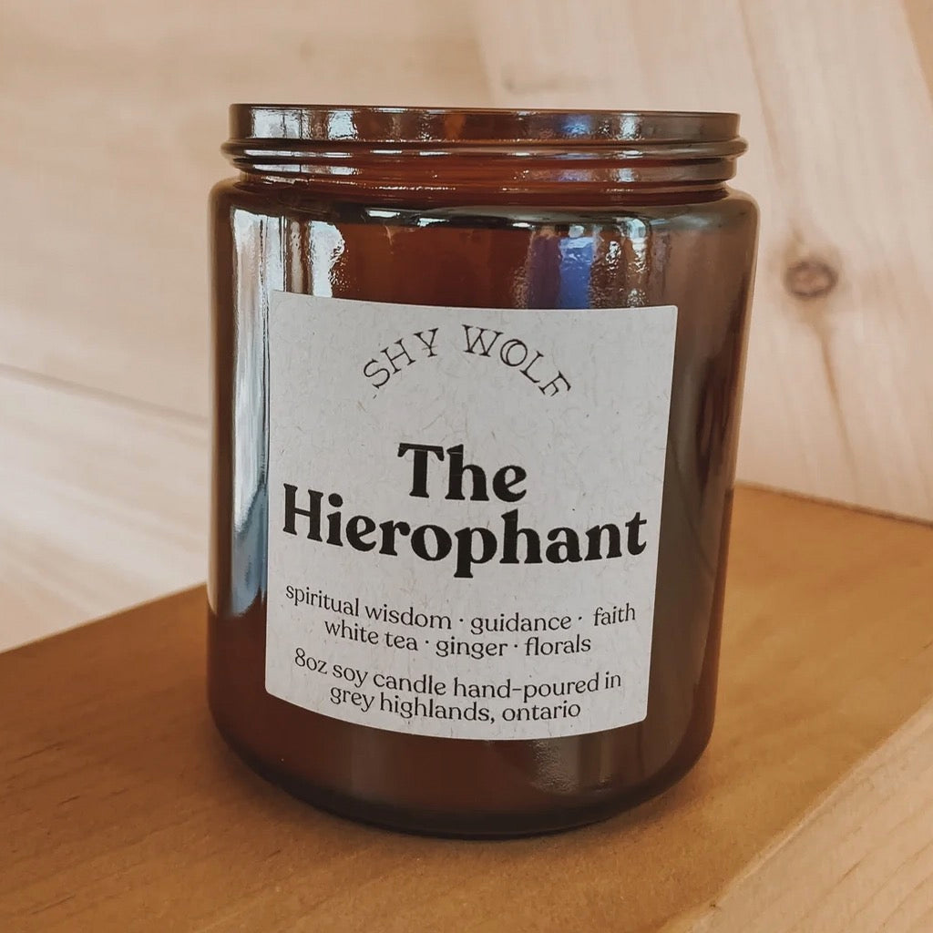 Open view of The Hierophant Tarot Soy Candle.