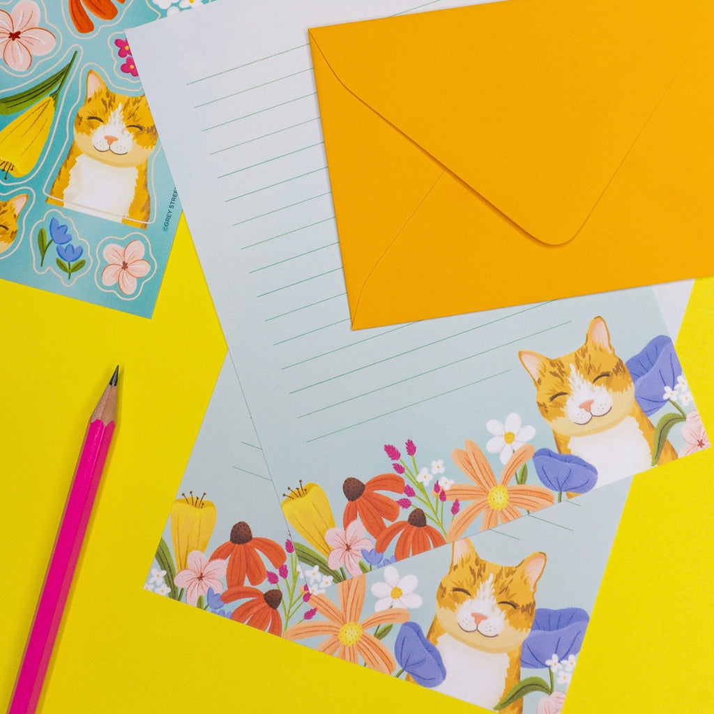 Orange Cat Floral Letter Writing Set on table.