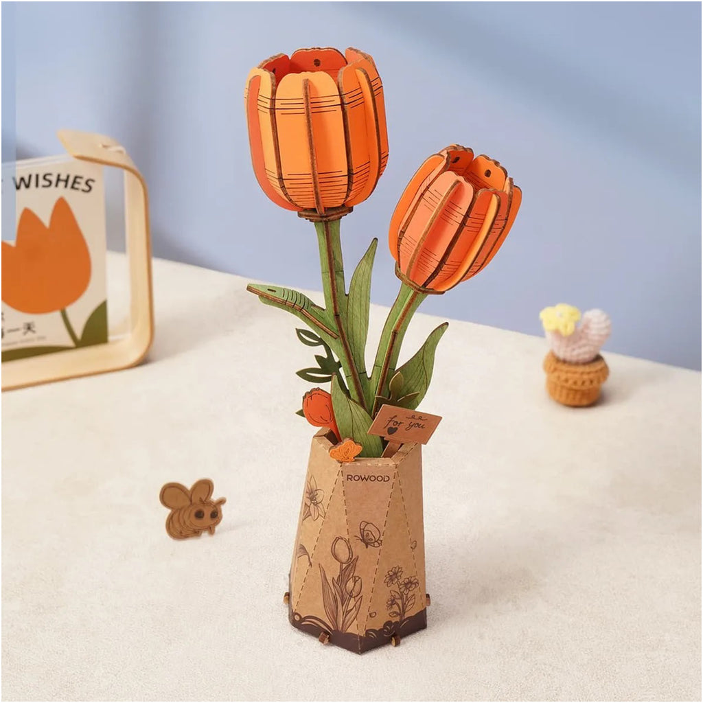 Orange Tulip 3D Wooden Flower Puzzle on table.