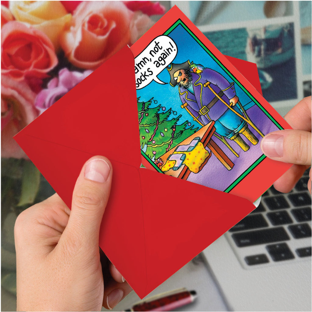 Peg Leg Socks Christmas Card in hand.