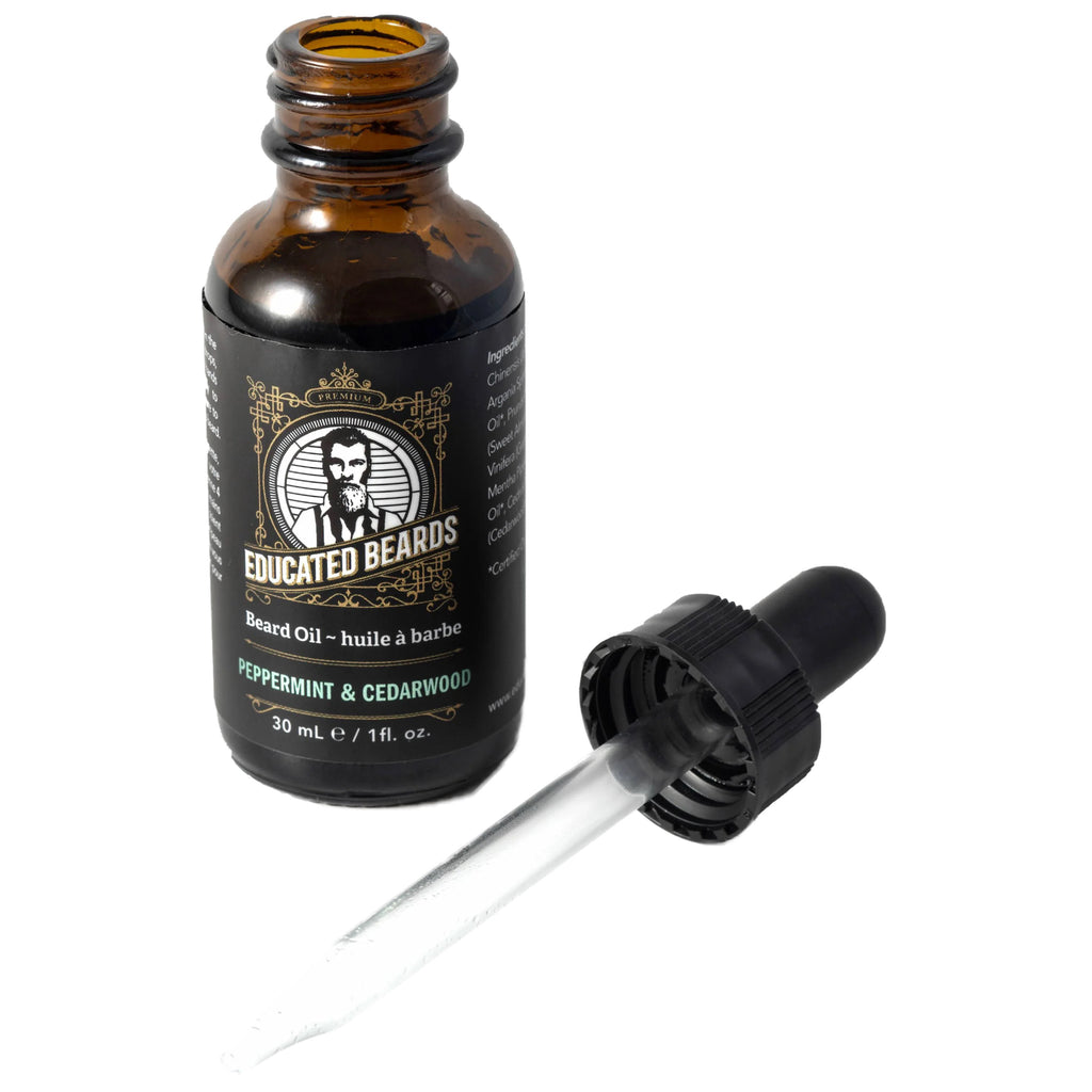 Peppermint Cedarwood Beard Oil with dropper.