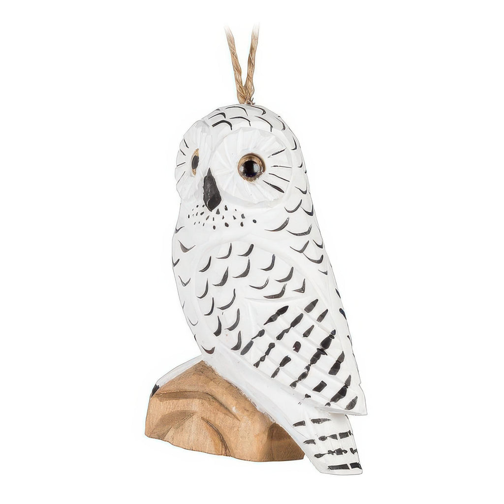 Perched Snowy Owl Carved Ornament.