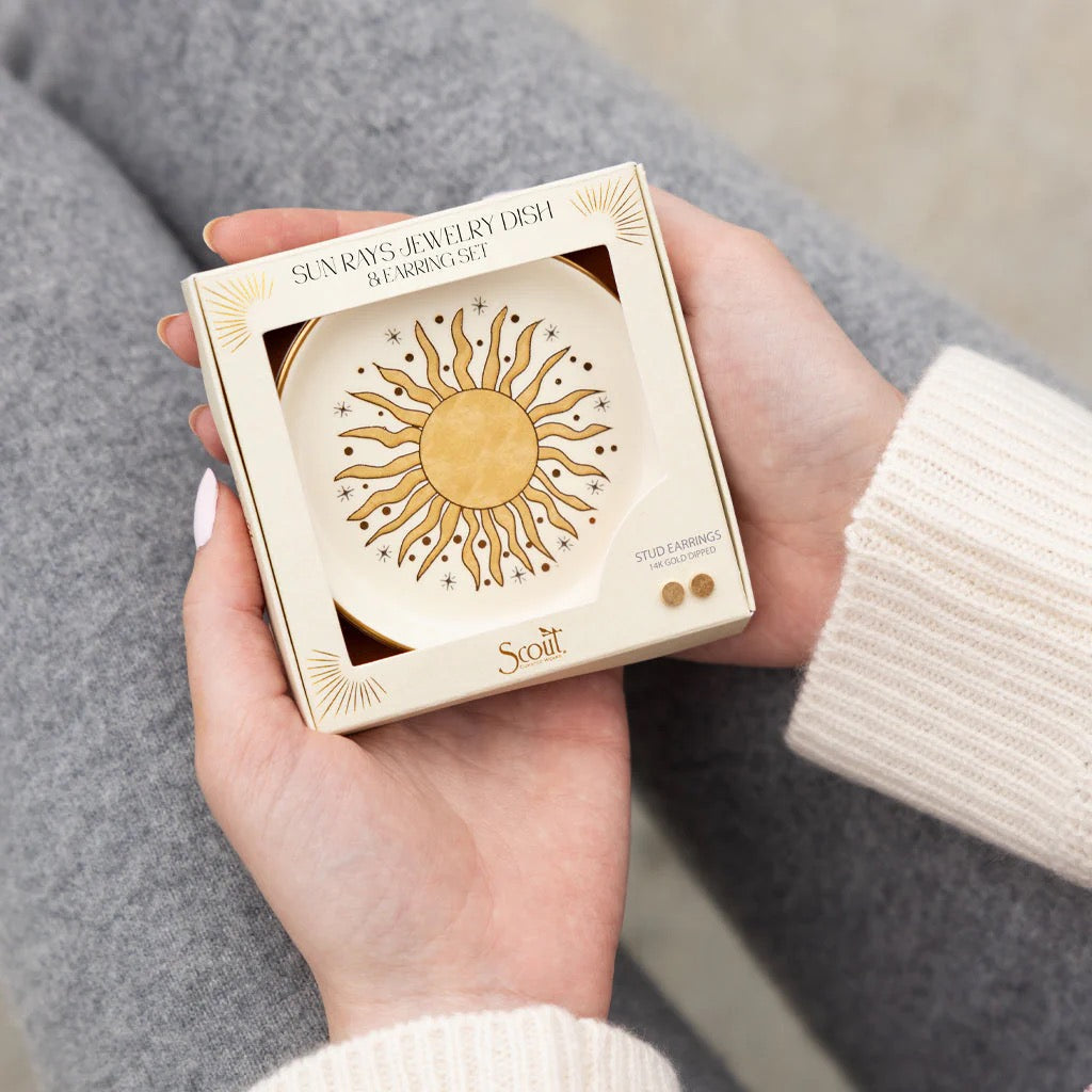 Person holding Jewelry Dish & Stud Earring Set Sun Rays.