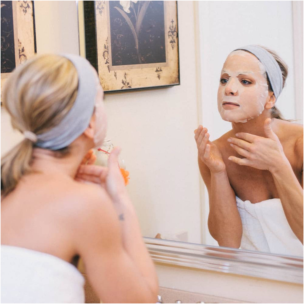 Person wearing FlashMasque Hydrate Sheet Mask 2 Pack.