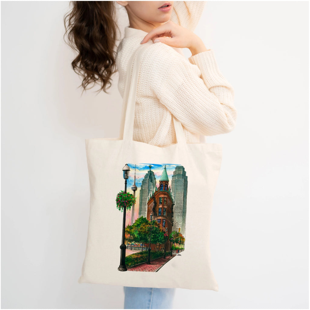 Person wearing Toronto Flatiron Building Tote Bag.