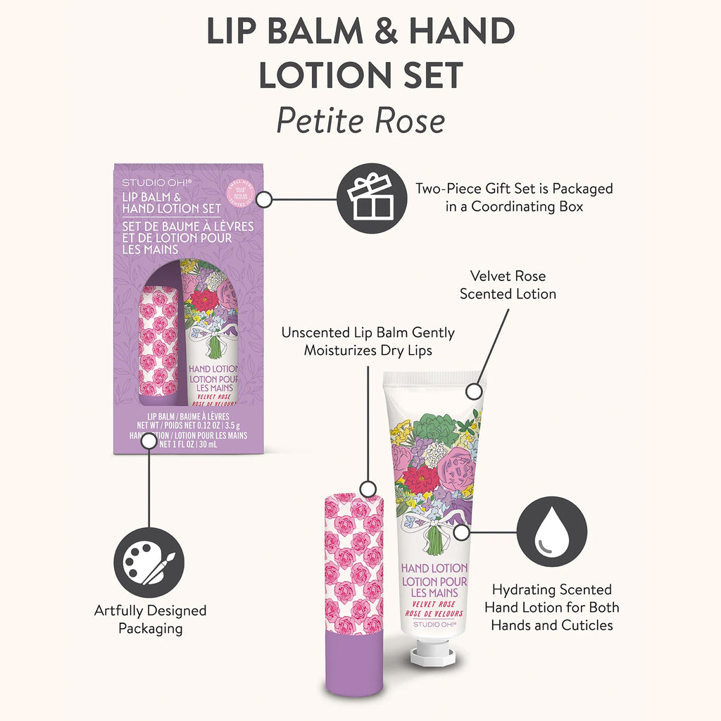Petite Rose Lip Balm & Hand Lotion Set features.
