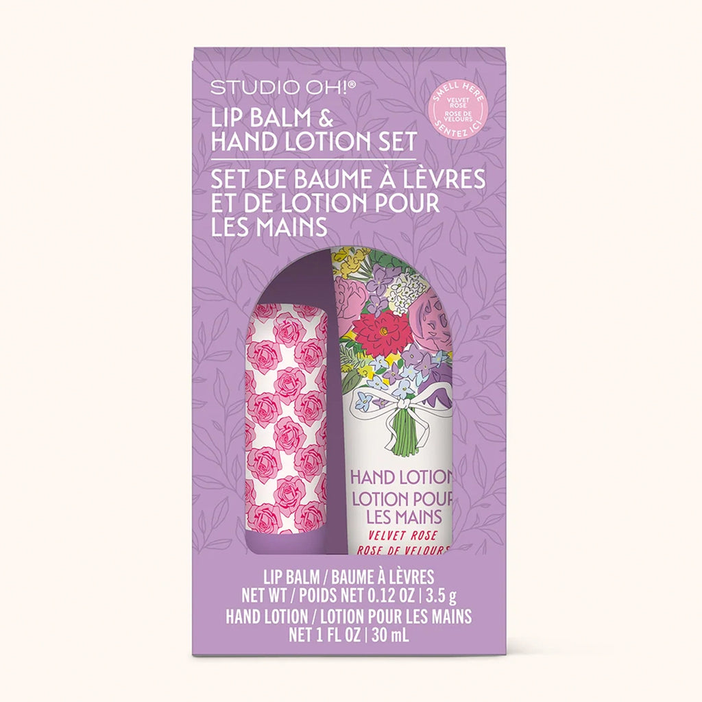 Petite Rose Lip Balm & Hand Lotion Set packaging.