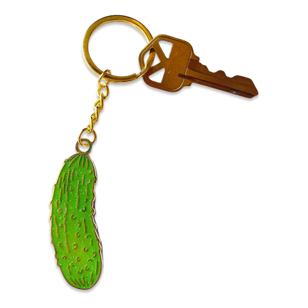 Pickle Enamel Keychain with key.