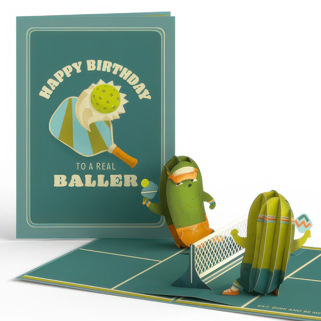 Pickleball Birthday Baller Pop-Up Card open and closed.