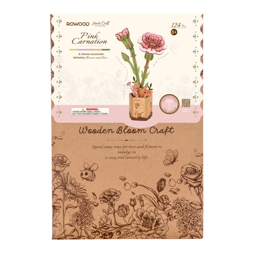 Pink Carnation 3D Wooden Flower Puzzle packaging.