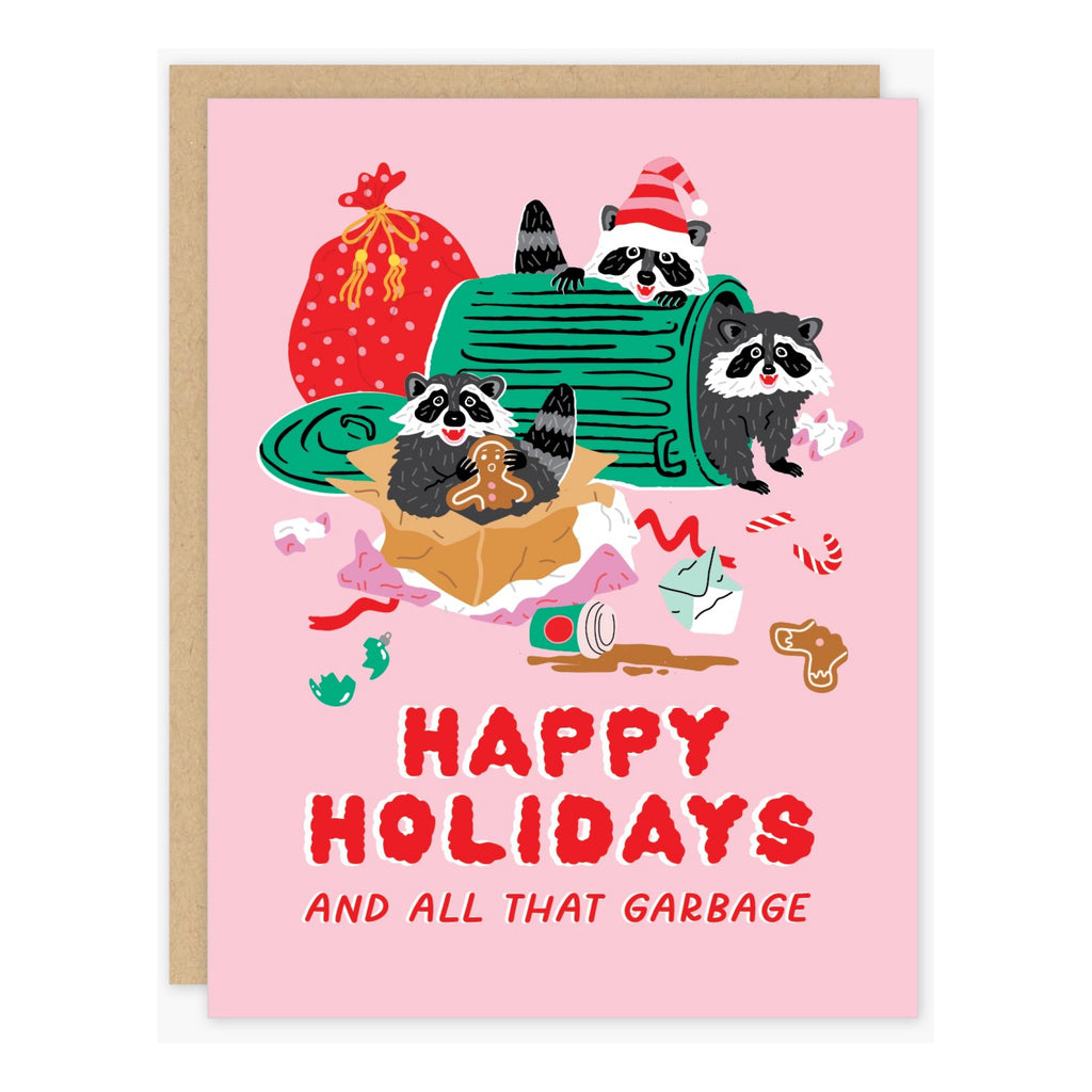 Pink Raccoons Christmas Holiday Card.