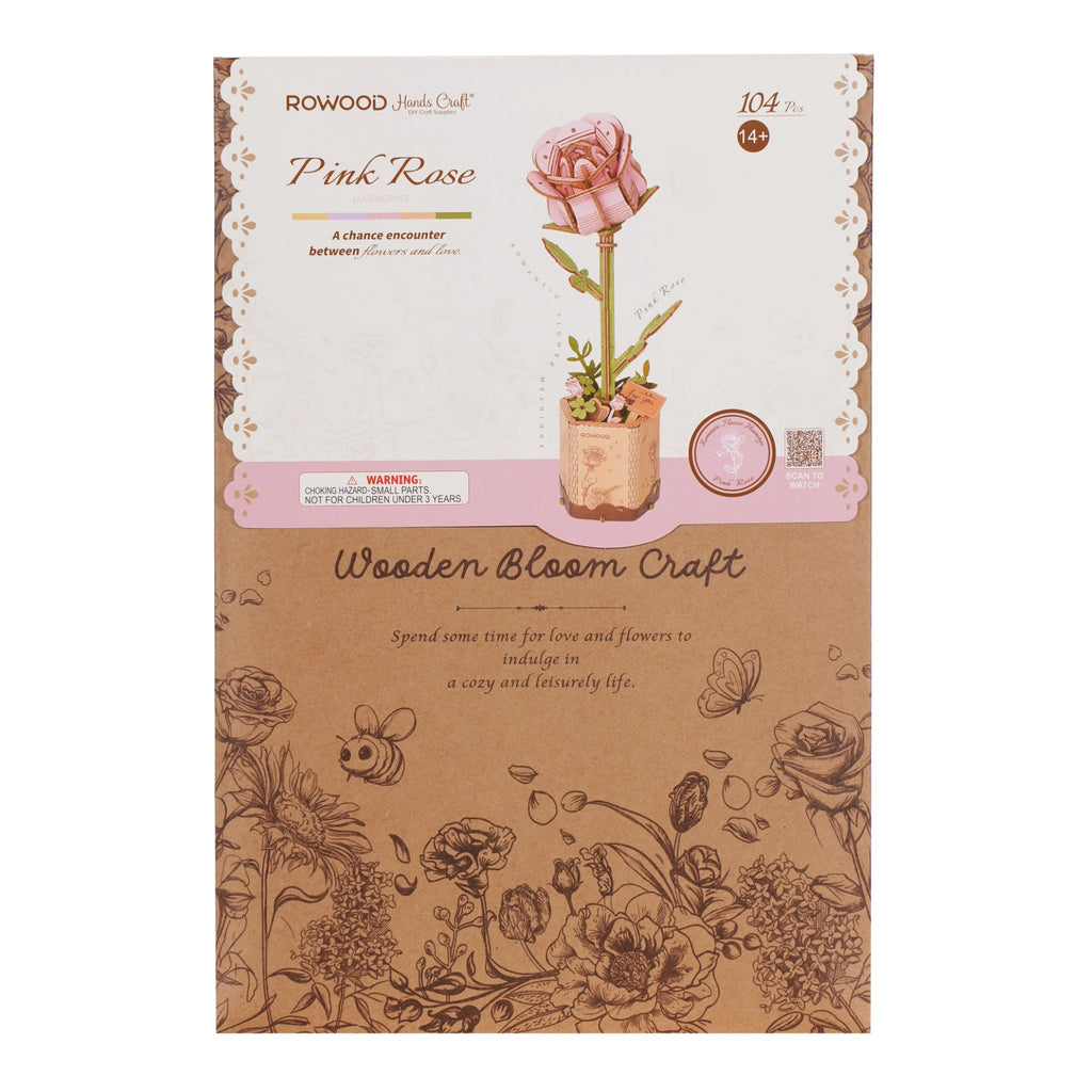 Pink Rose 3D Wooden Flower Puzzle packaging.