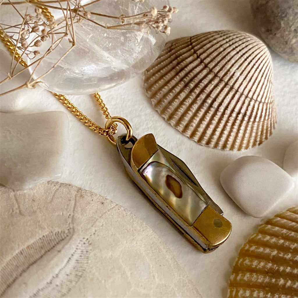 Pocket Knife Charm Necklace Abalone.