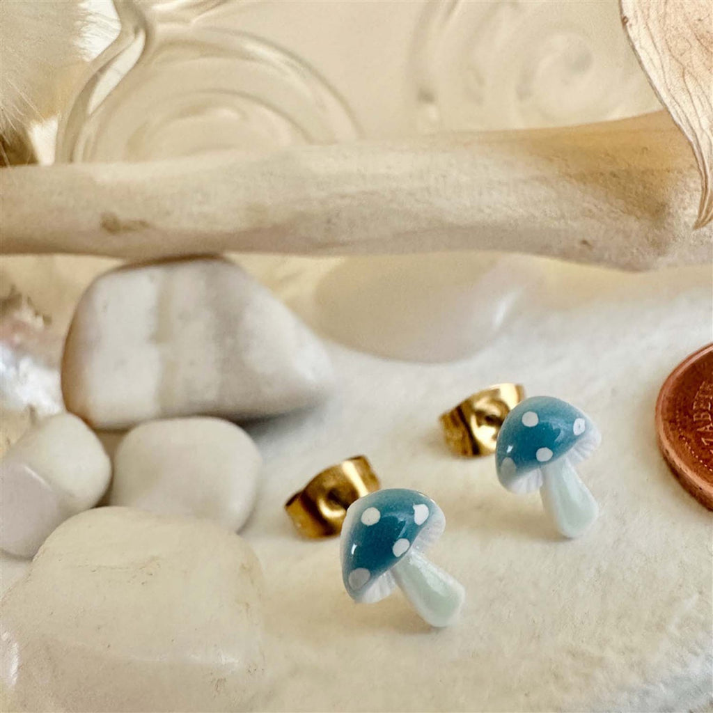 Porcelain Mushroom Stud Earrings Blue - alt image.