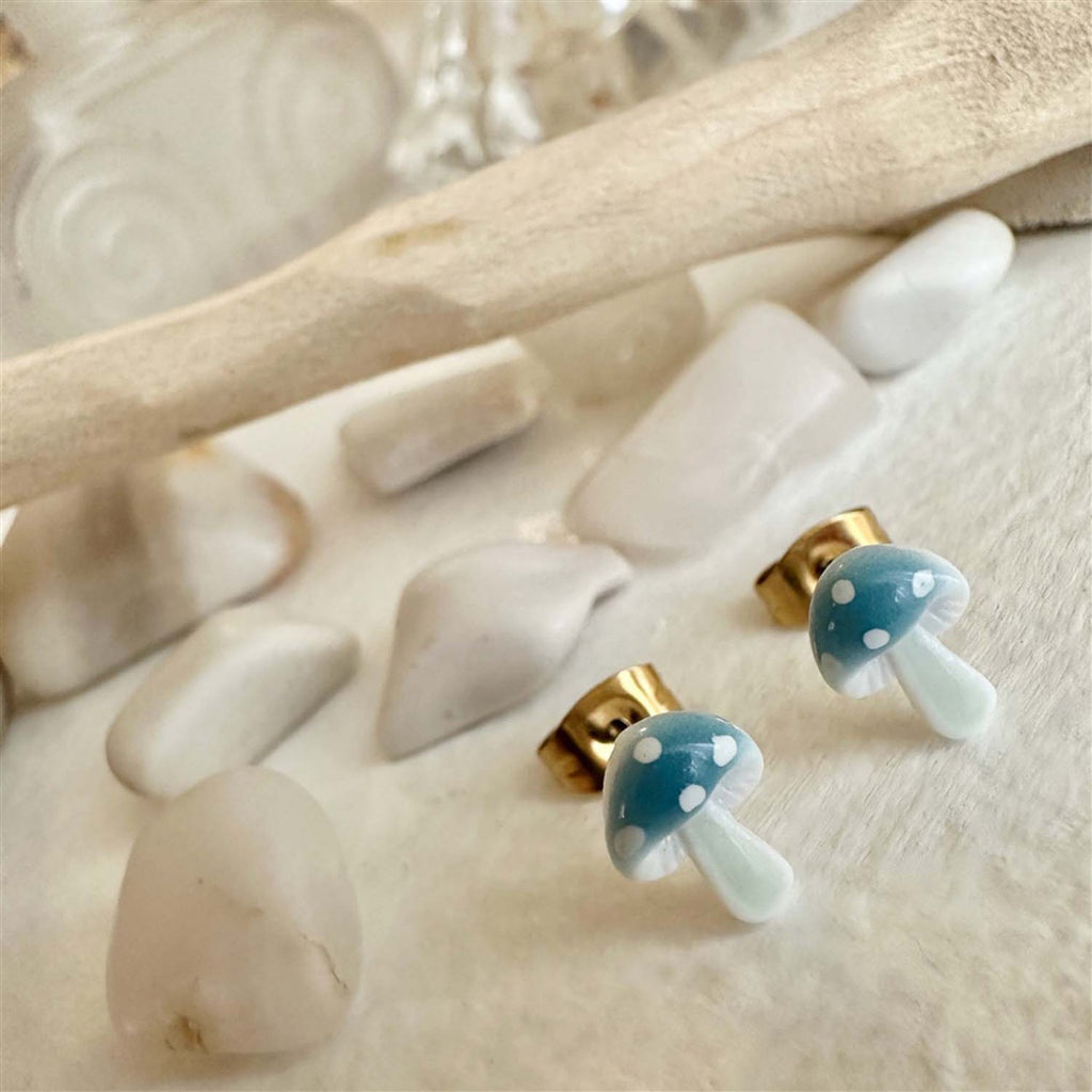 Porcelain Mushroom Stud Earrings Blue.