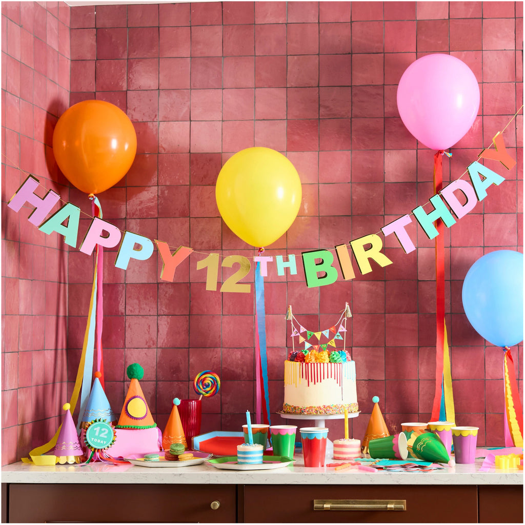 Premium Brights 'Happy Birthday' Customisable Banner against wall.