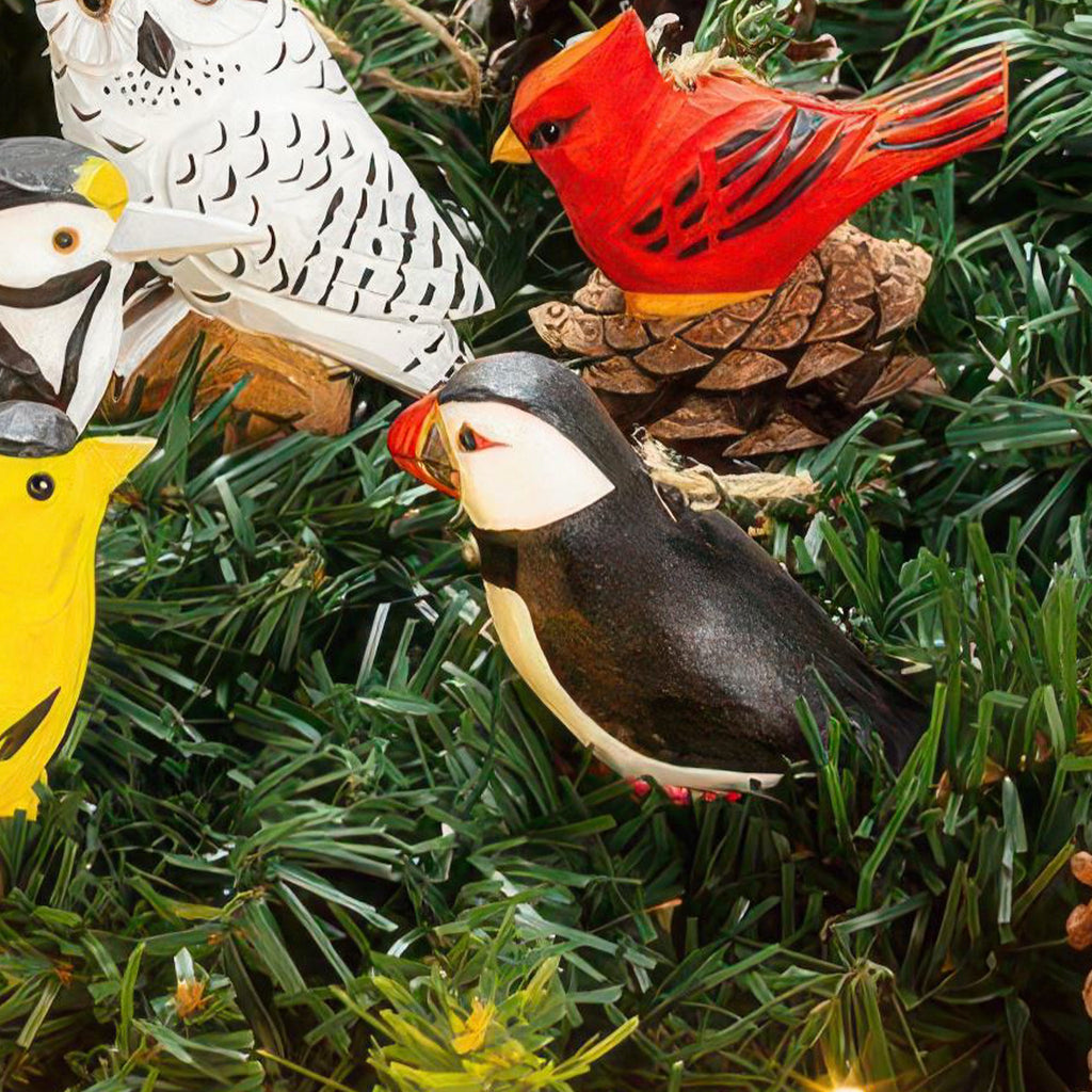 Puffin Carved Ornament in tree.