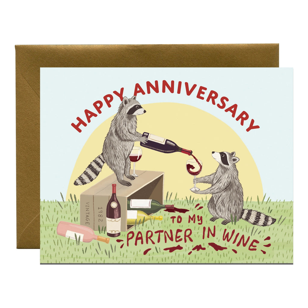 Raccoon Partner In Wine Anniversary Card.