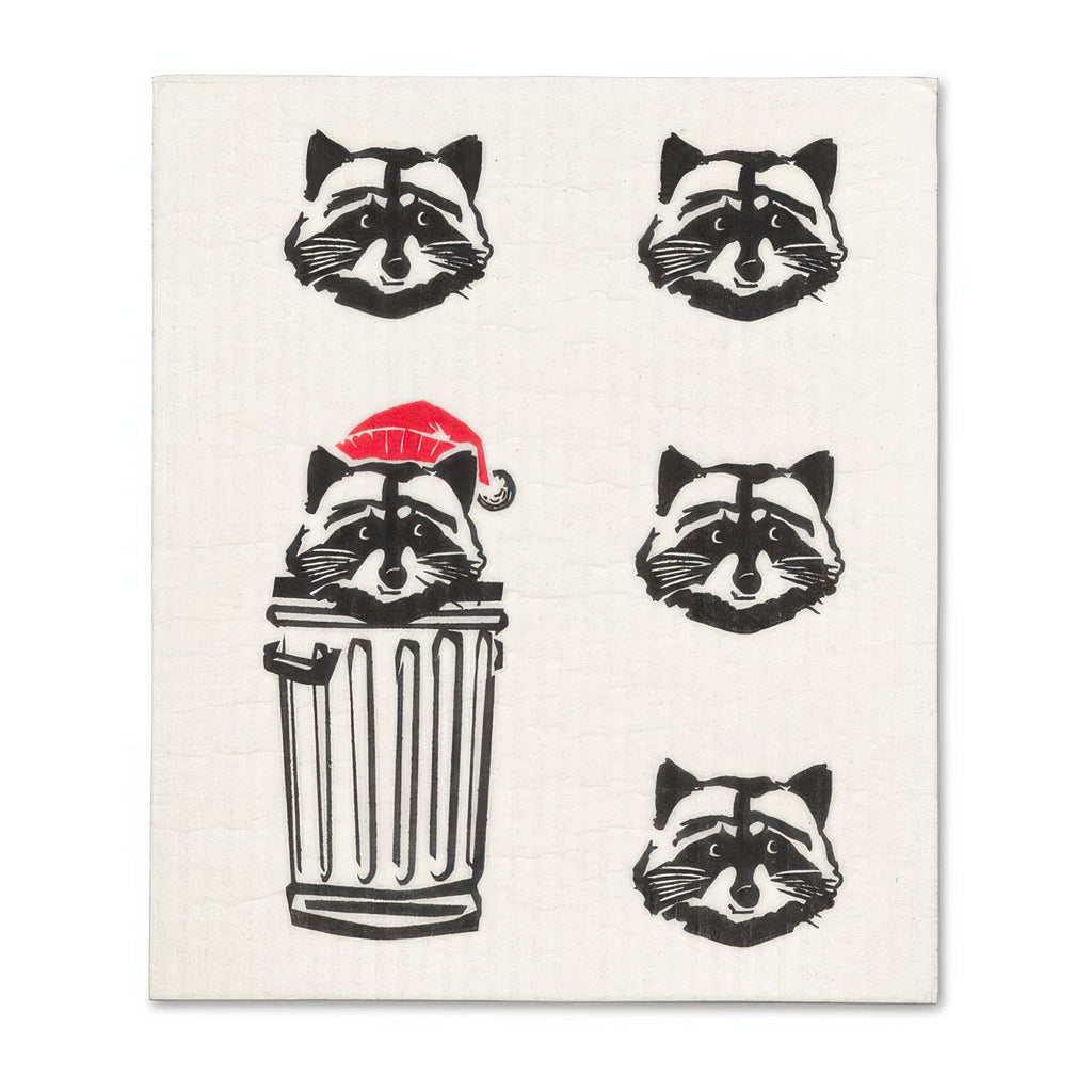 Raccoon with Hat Swedish Dishcloth with trashcan.