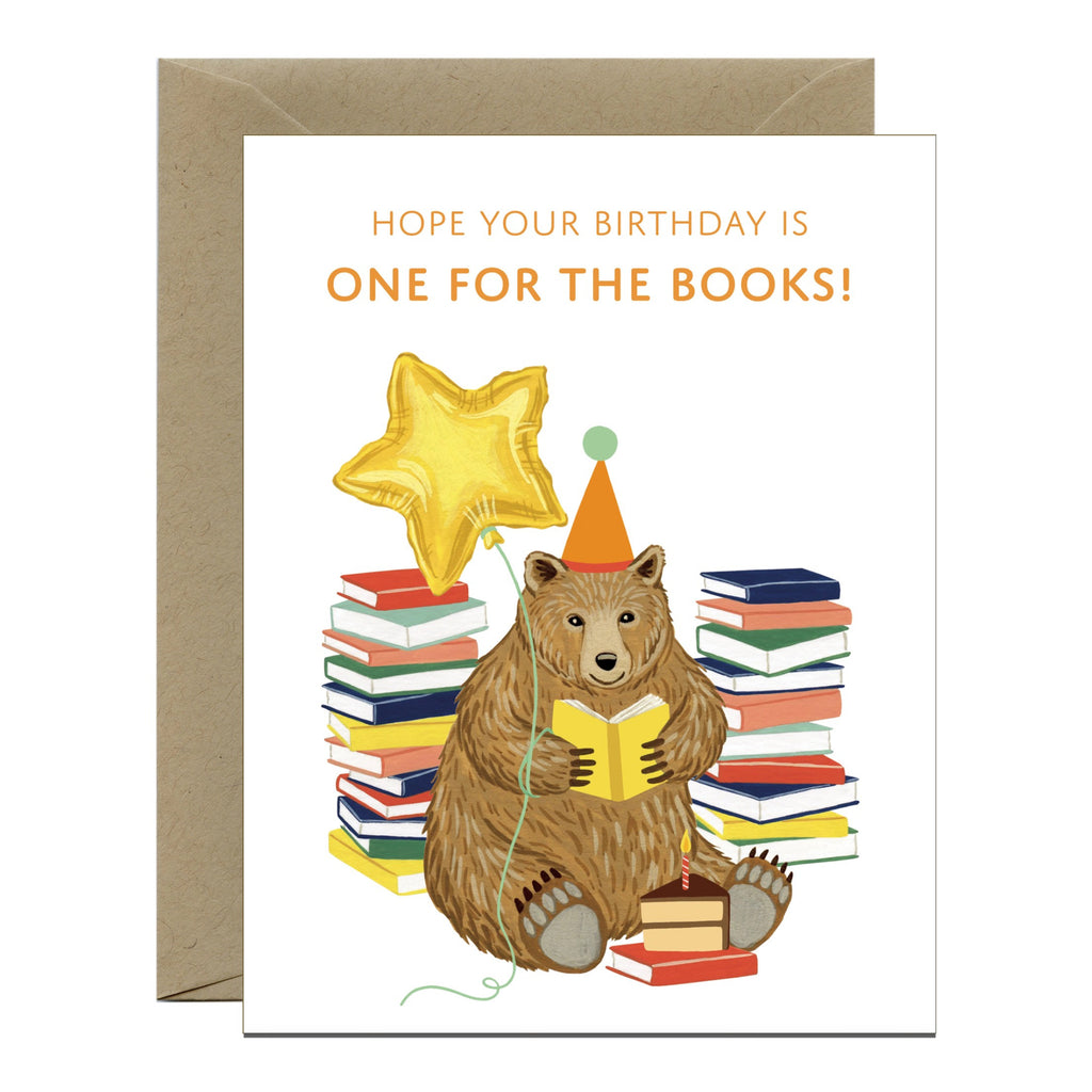Reading Bear With Books And Cake Birthday Card.