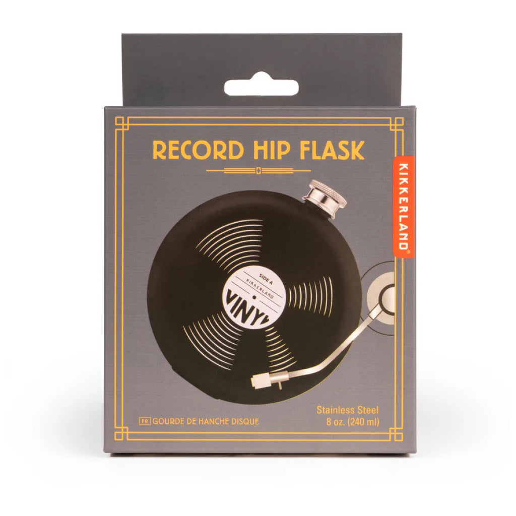 Record Hip Flask packaging.