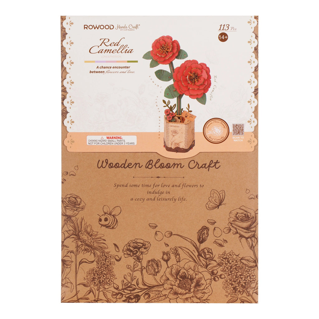 Red Camellia 3D Wooden Flower Puzzle packaging.