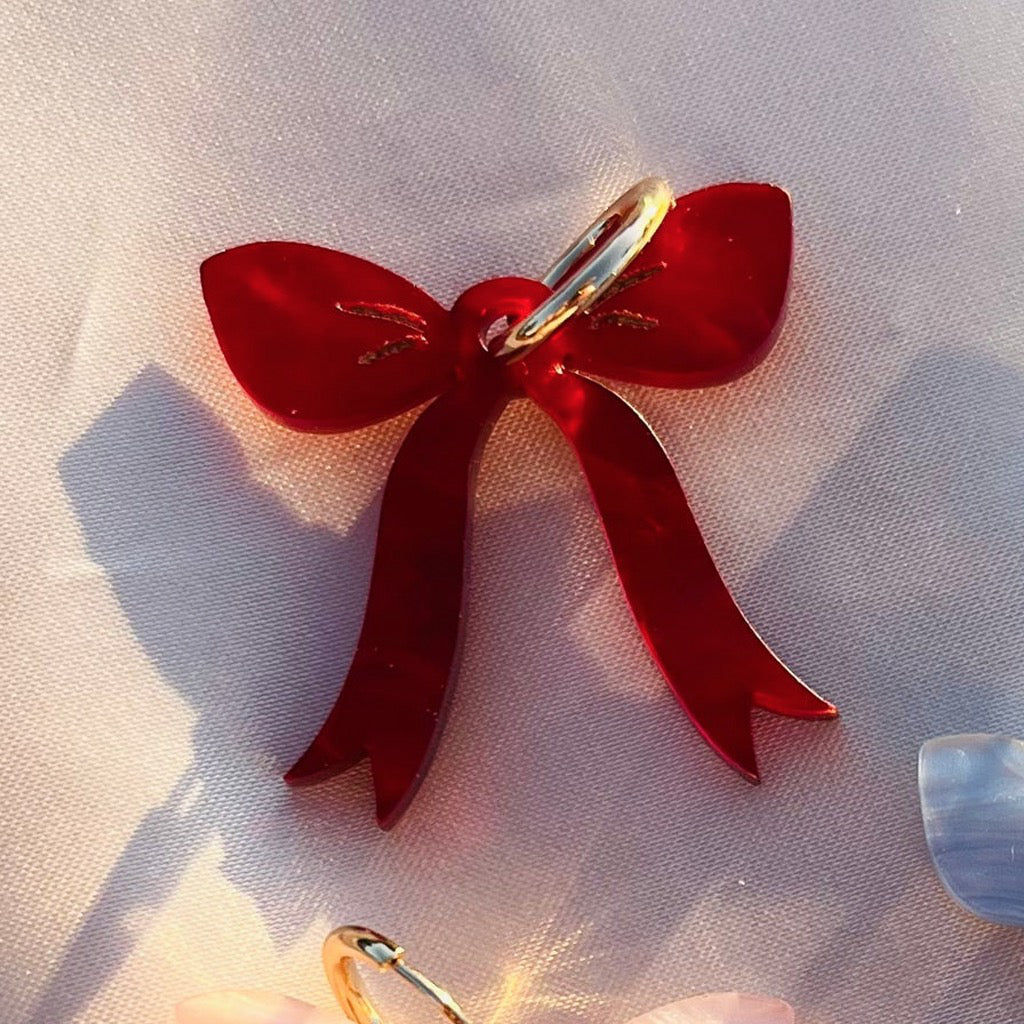 Red Pearl Coquette Bow Hoop Earrings.