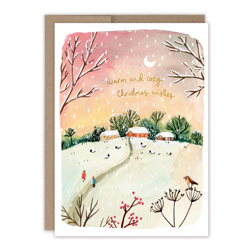Red Sky Cozy Christmas Landscape Holiday Card.