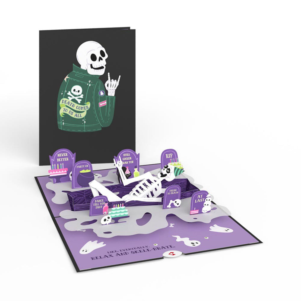 Relax and Skele-brate Skeleton Birthday Pop-Up Card showing front and opened.