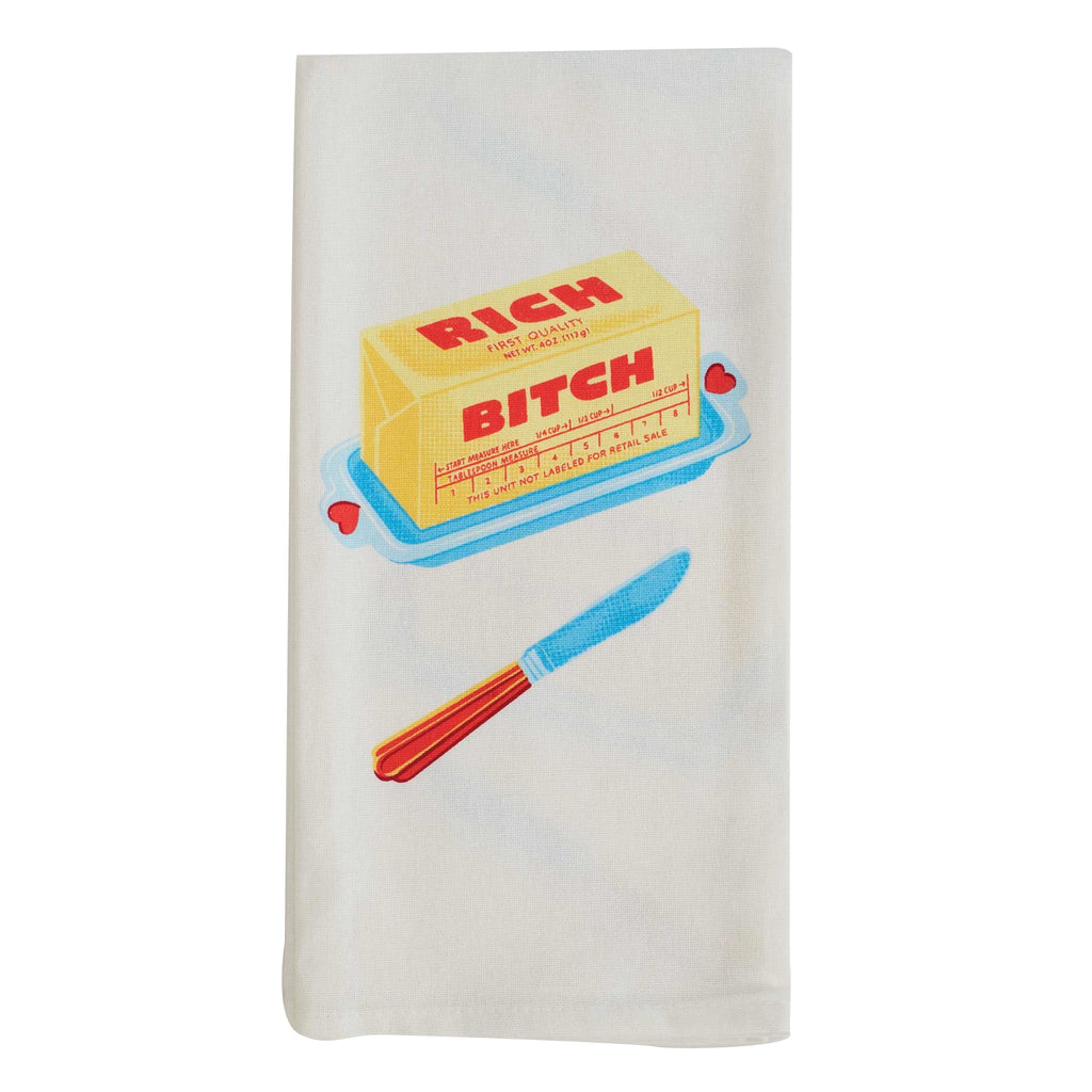 Rich Bitch Dish Towel folded.