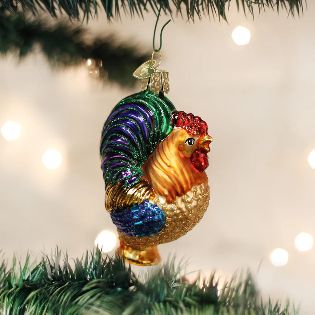 Rooster Ornament on tree.