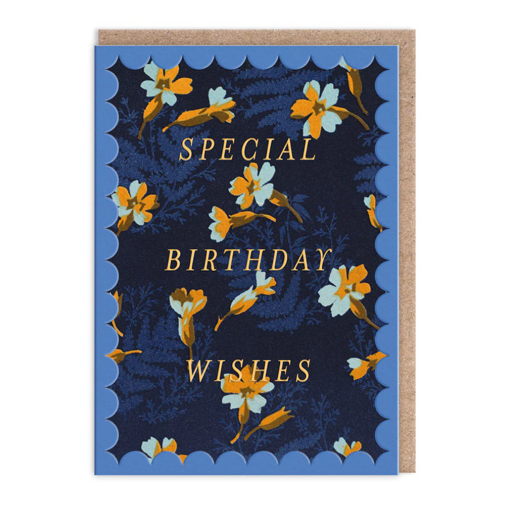 Scalloped Navy And Orange Floral Birthday Card.