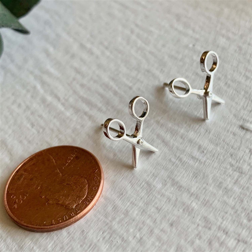Scissor Stud Earrings Silver with penny.