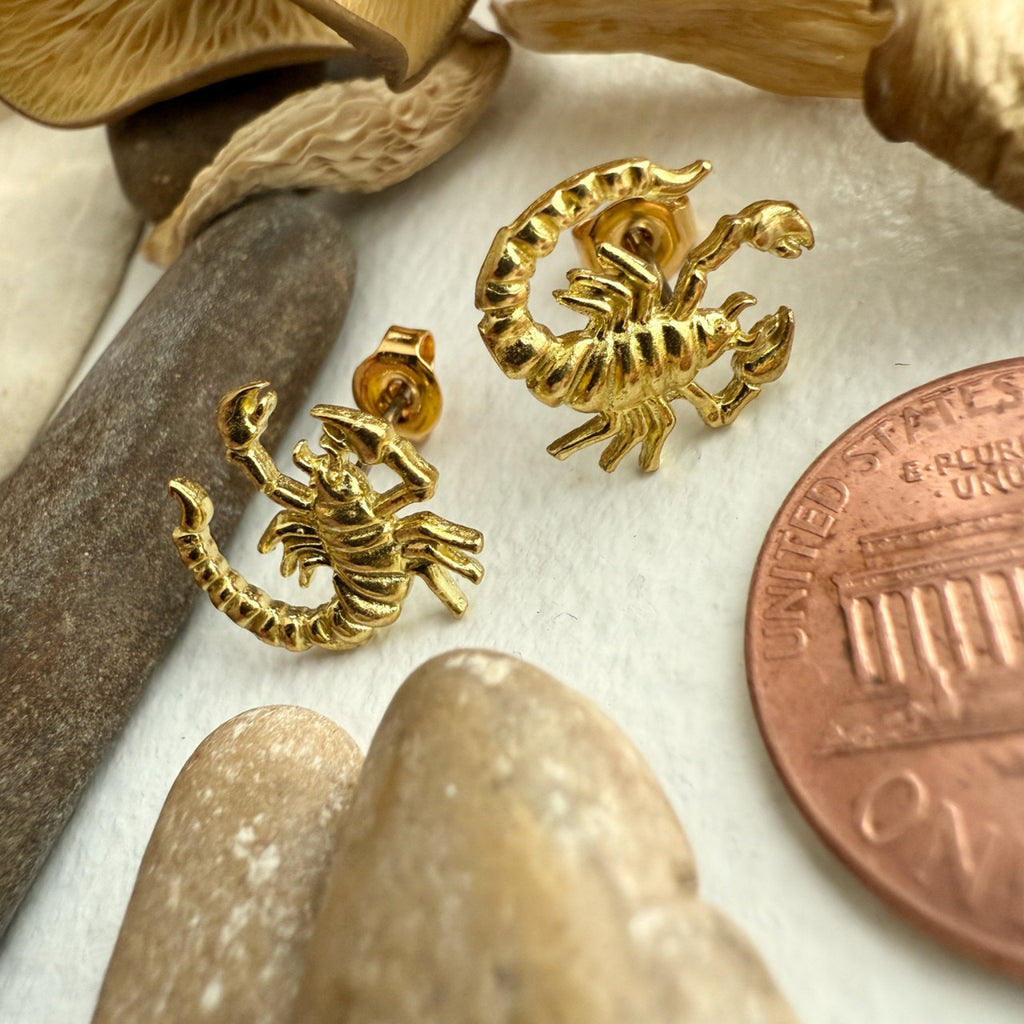 Scorpion Stud Earrings Brass besides a penny.