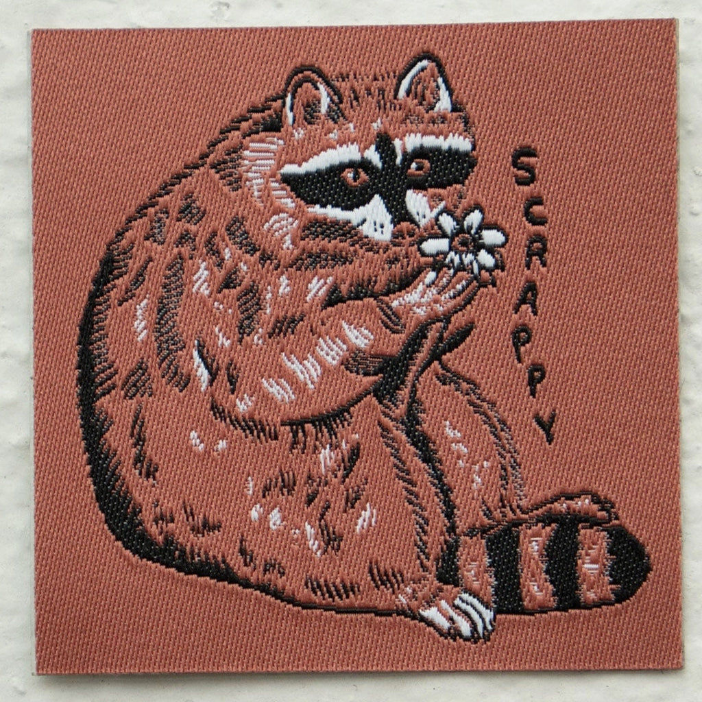 Scrappy Raccoon Woven Sticky Patch.