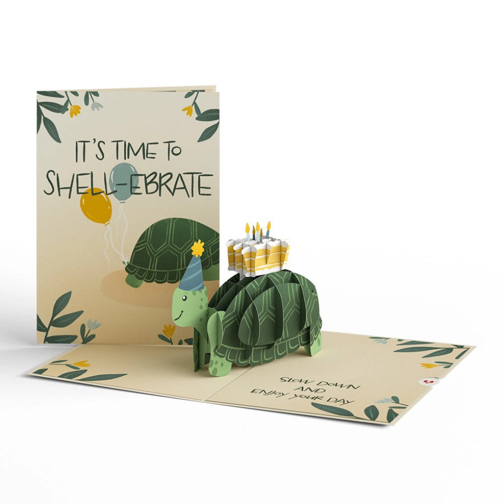 Shell-ebrate Birthday Turtle Pop-Up Card open and closed.