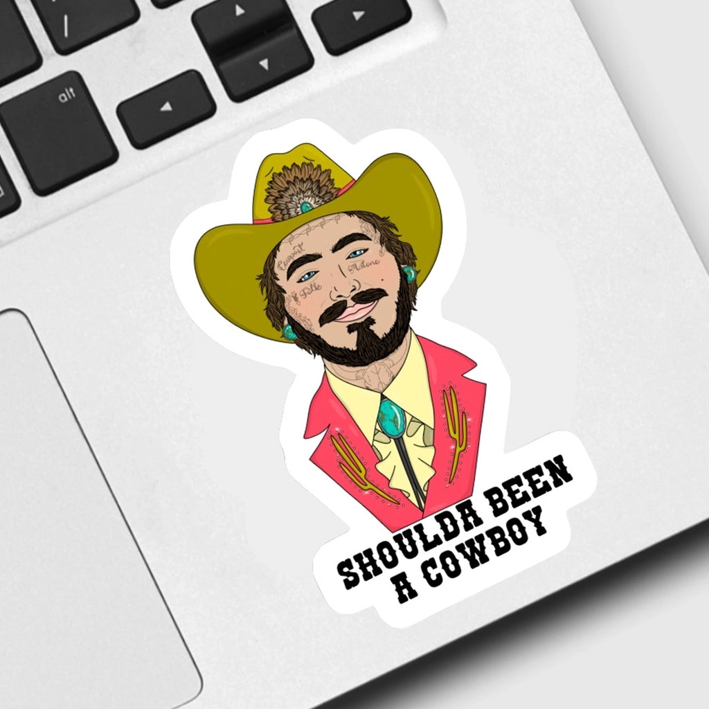 Shoulda Been A Cowboy Post Sticker on computer.