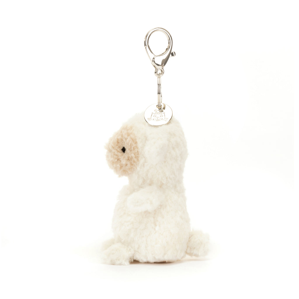 Side of Jellycat Little Lamb Bag Charm.