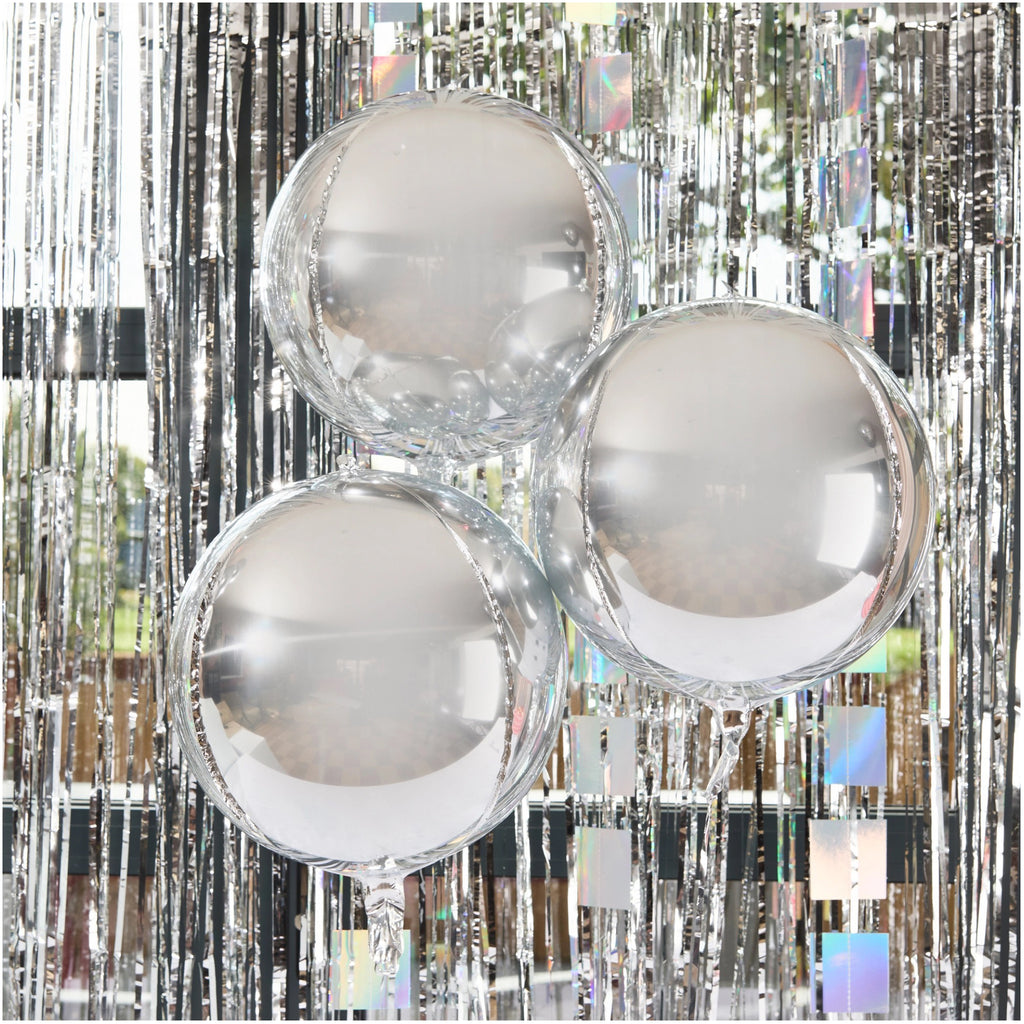 Silver Orb Foil Balloons against background.