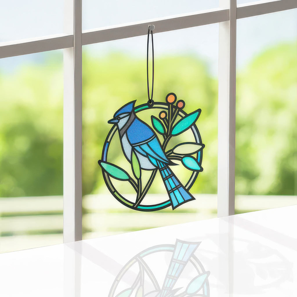 Simple Hello Blue Jay Suncatcher Card in window.