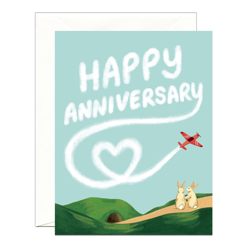 Skywriting Airplane With Bunnies Anniversary Card.