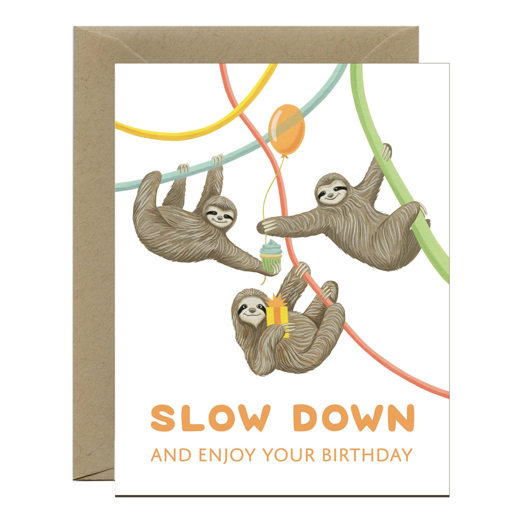 Sloths With Cupcake, Balloon, And Present Card.