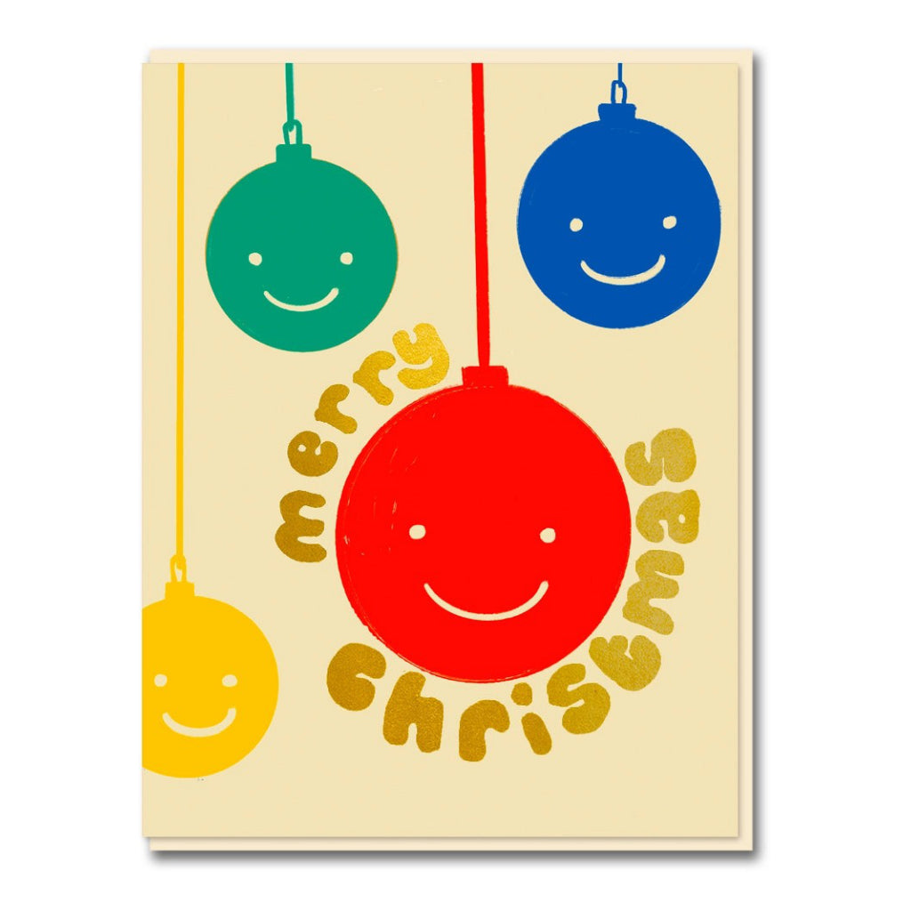 Smiling Baubles Christmas Card.