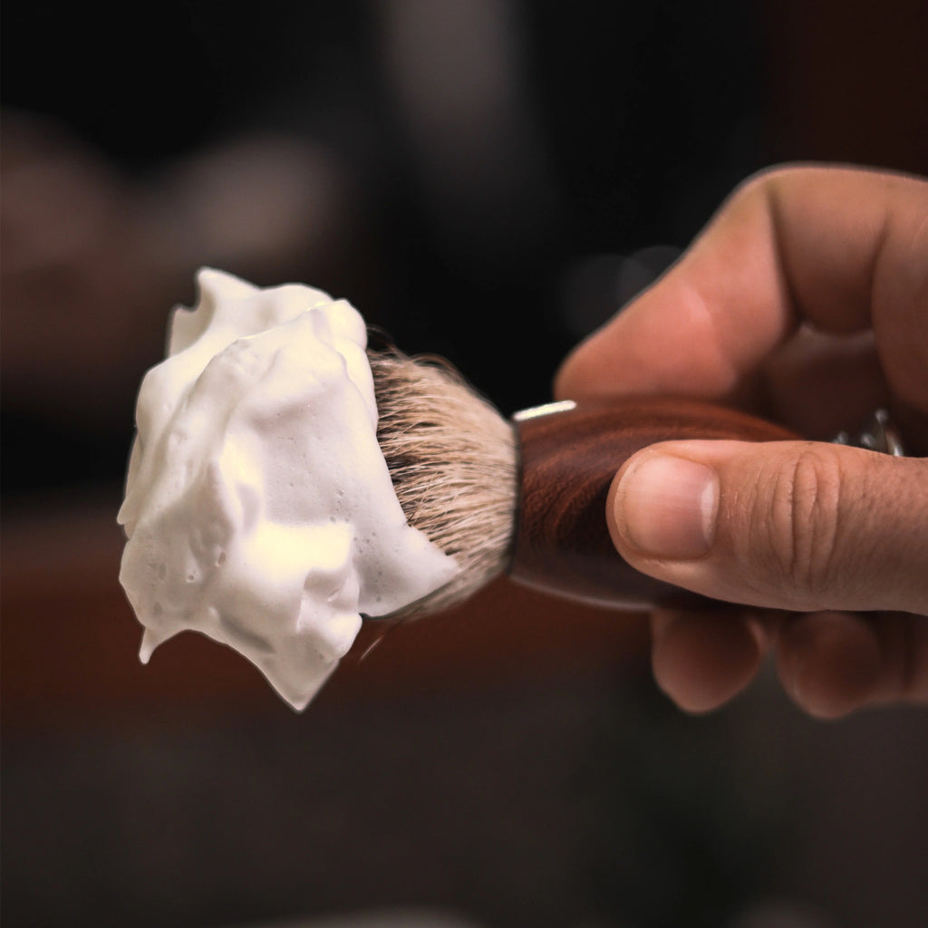 Smoke & Moss Shave Soap being used.