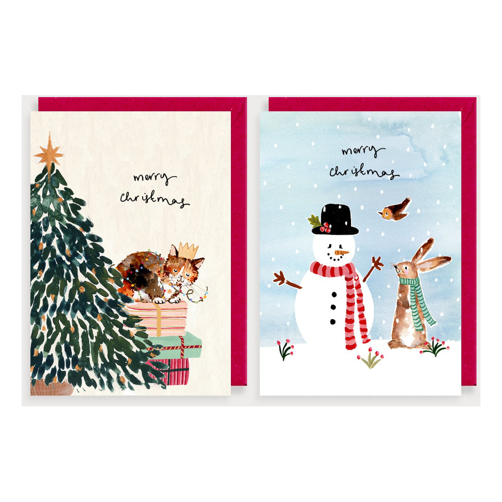 Snowman And Cat Pack Of Christmas Cards - 2 designs.