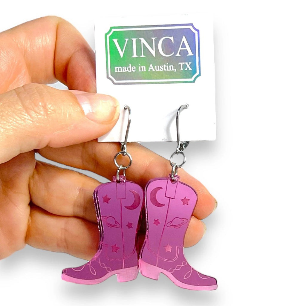 Space Cowboy Boot Earrings Mirror Pink.