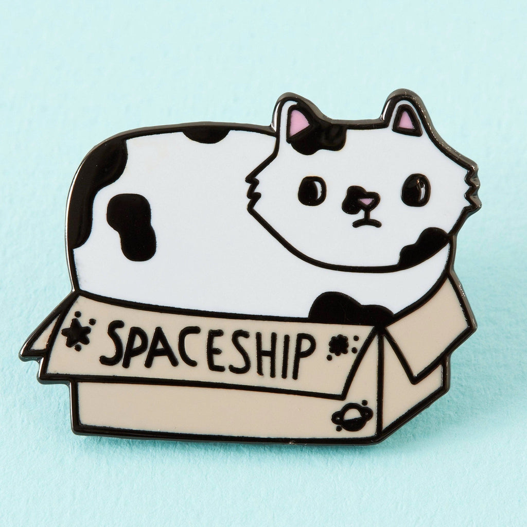 Spaceship Cat In A Box Enamel Pin.