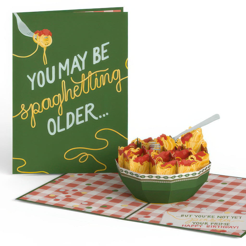 Spaghetting Older Birthday Pop-Up Card with closed card.